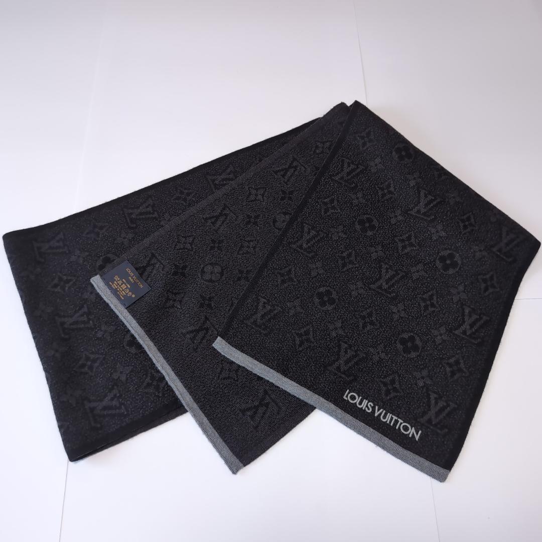 美品 ルイヴィトン モノグラム総柄 ウールマフラー 伊製 黒×濃灰 d107