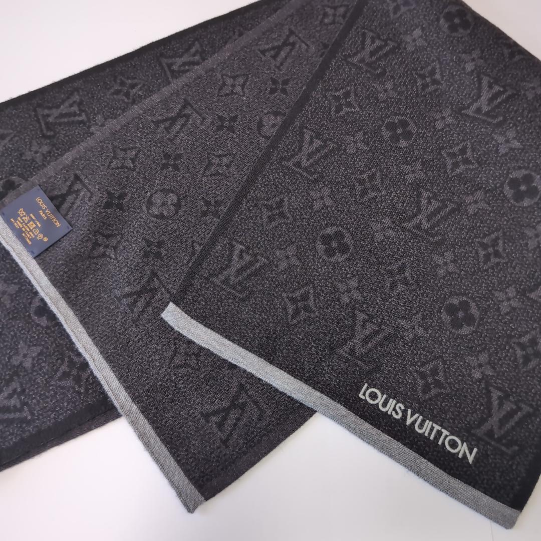 美品 ルイヴィトン モノグラム総柄 ウールマフラー 伊製 黒×濃灰 d107