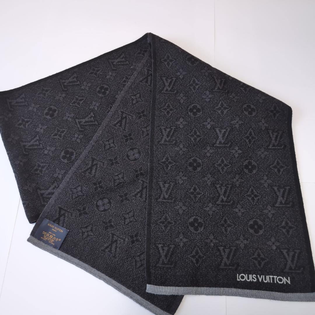 美品 ルイヴィトン モノグラム総柄 ウールマフラー 伊製 黒×濃灰 d107