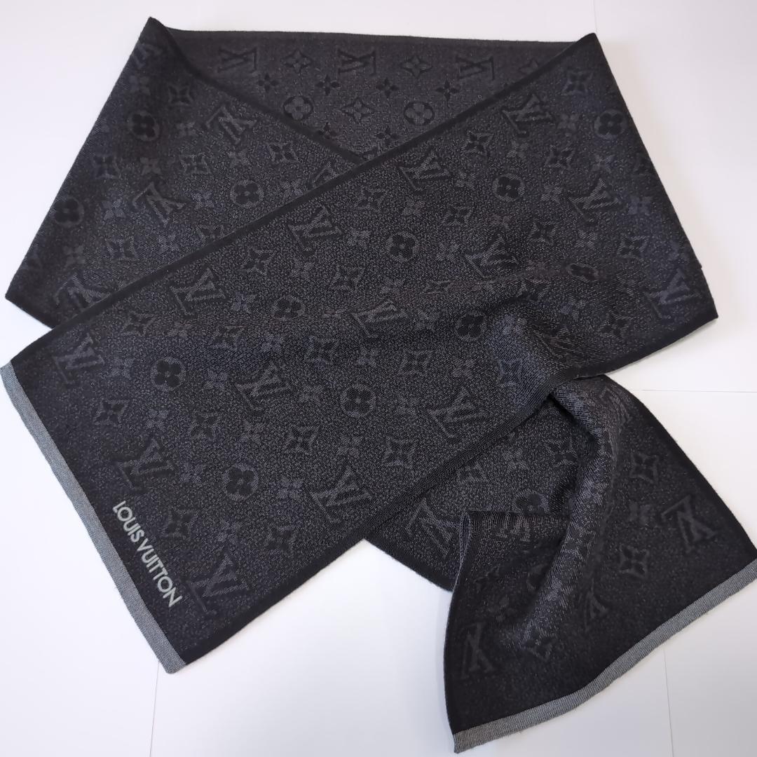 美品 ルイヴィトン モノグラム総柄 ウールマフラー 伊製 黒×濃灰 d107