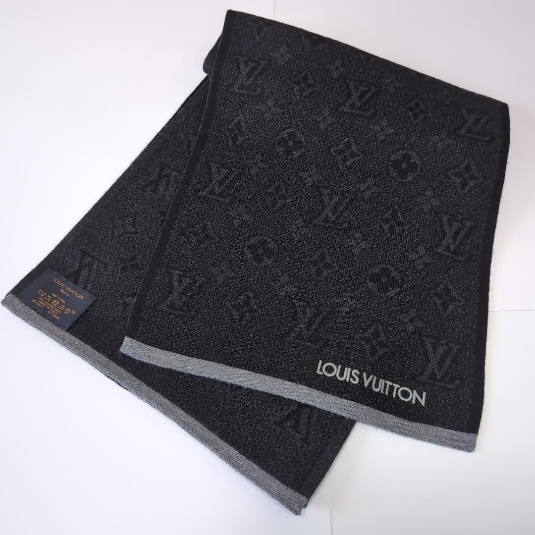 美品 ルイヴィトン モノグラム総柄 ウールマフラー 伊製 黒×濃灰 d107