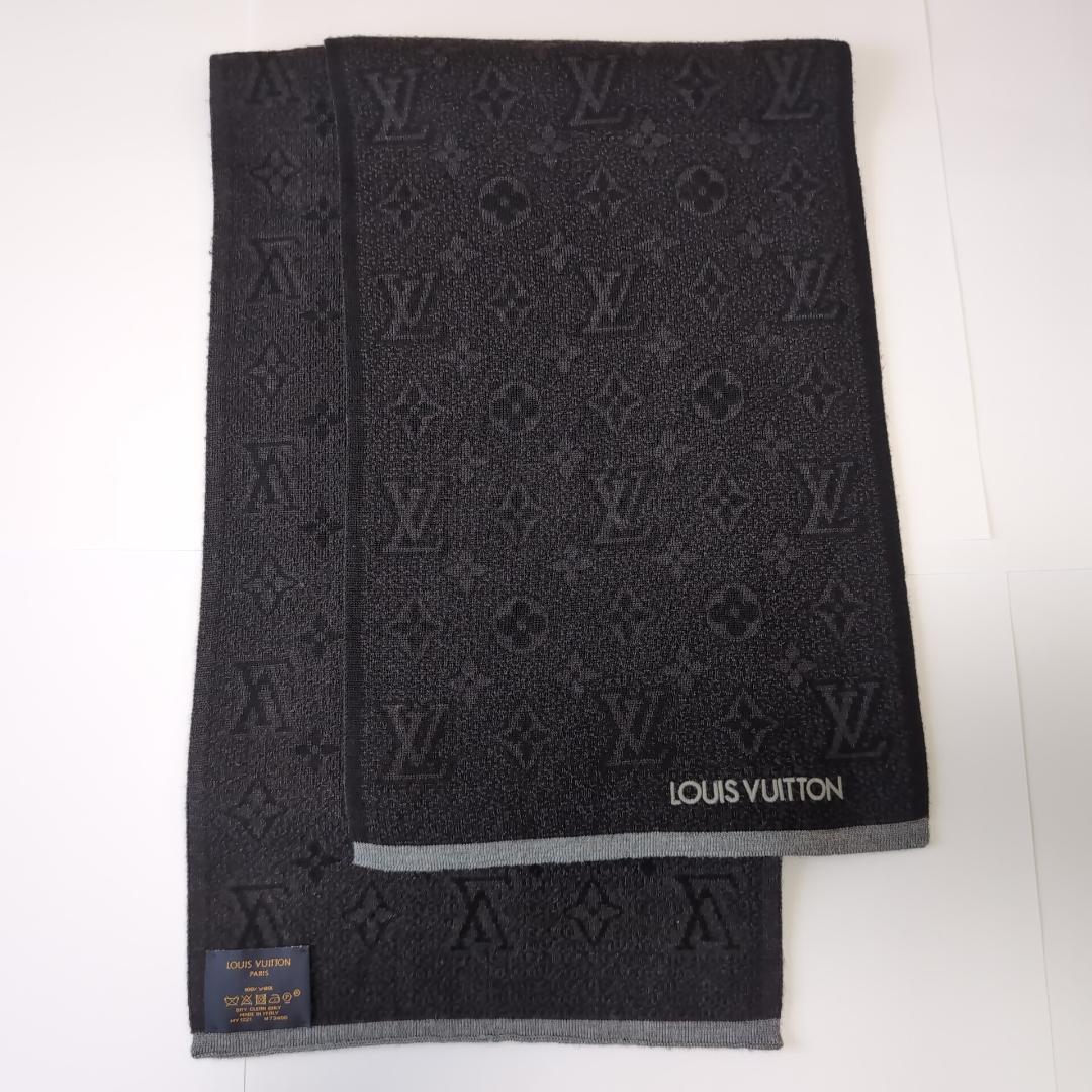 美品 ルイヴィトン モノグラム総柄 ウールマフラー 伊製 黒×濃灰 d107