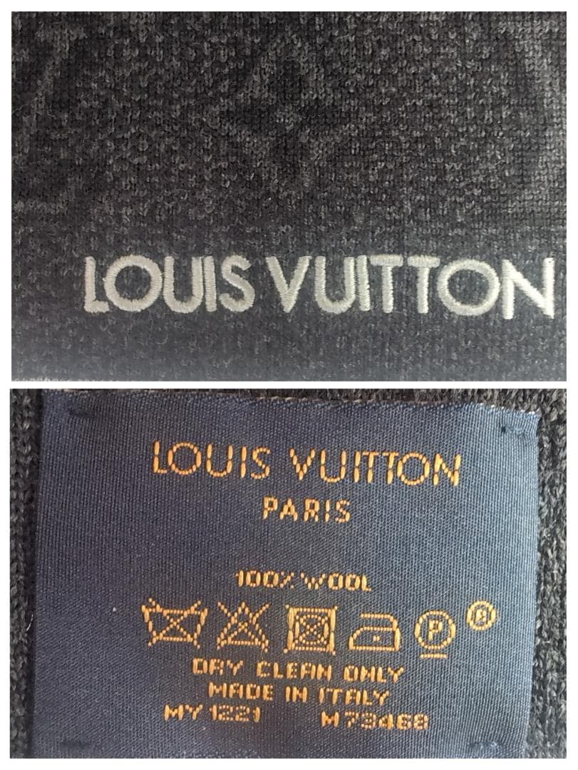 美品 ルイヴィトン モノグラム総柄 ウールマフラー 伊製 黒×濃灰 d107