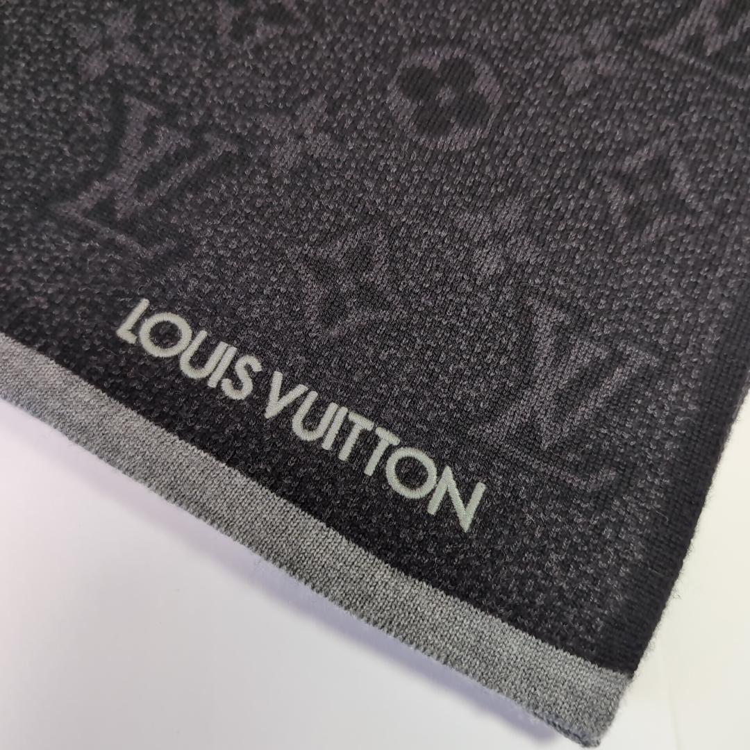 美品 ルイヴィトン モノグラム総柄 ウールマフラー 伊製 黒×濃灰 d107
