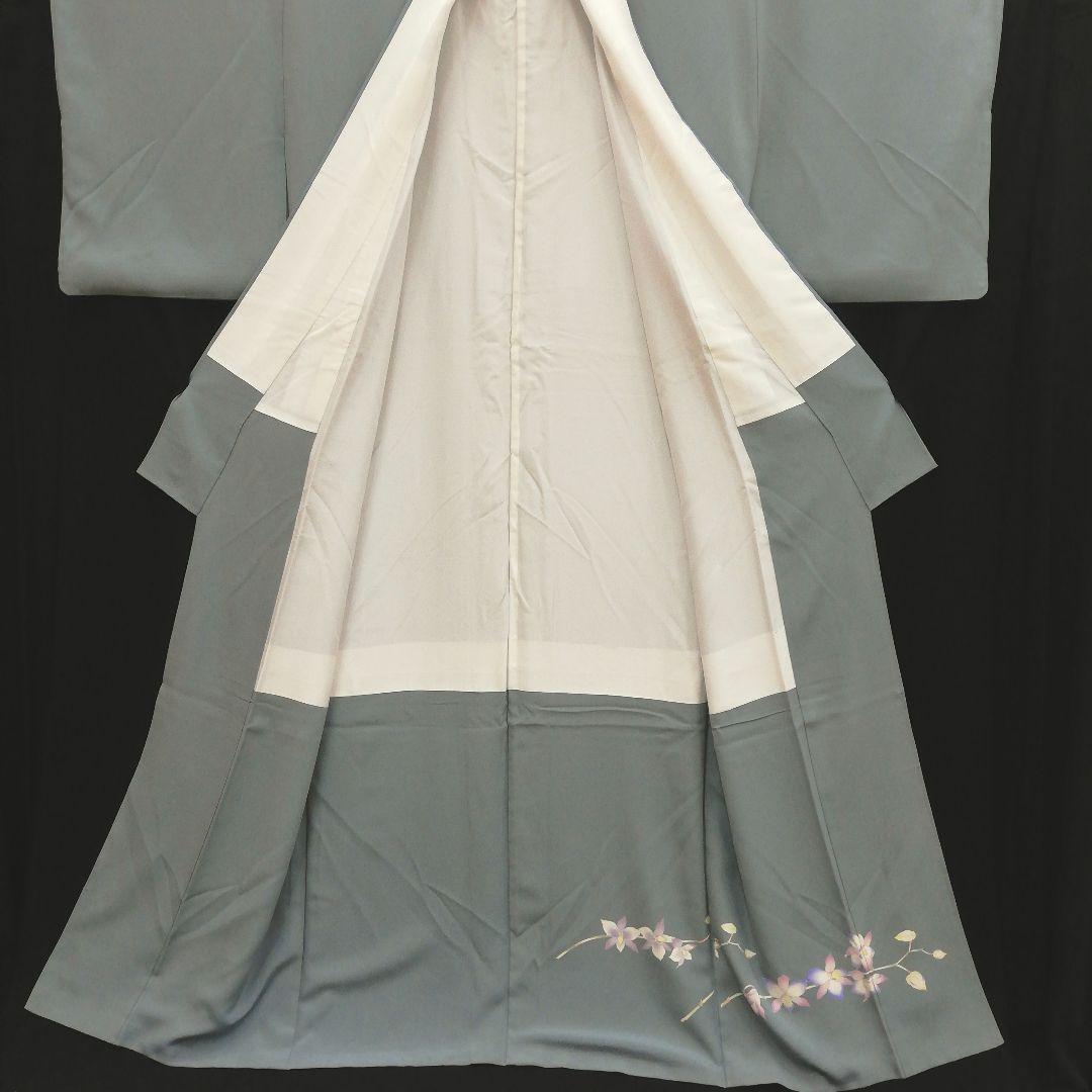 附け下げ(袷)　(洋蘭紋様　手描き京友禅(山崎 巌 落款)　身幅広め　利休鼠色)