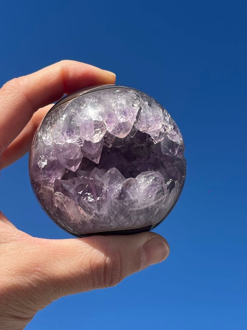 【天然石】レア★瑪瑙 メノウ アメジスト共生 笑口　龍穴　スフィア　丸玉