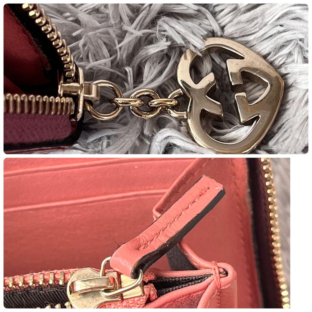 美品✨GUCCI GG柄　ピンク　長財布　ハート金具　ラウンドファスナー