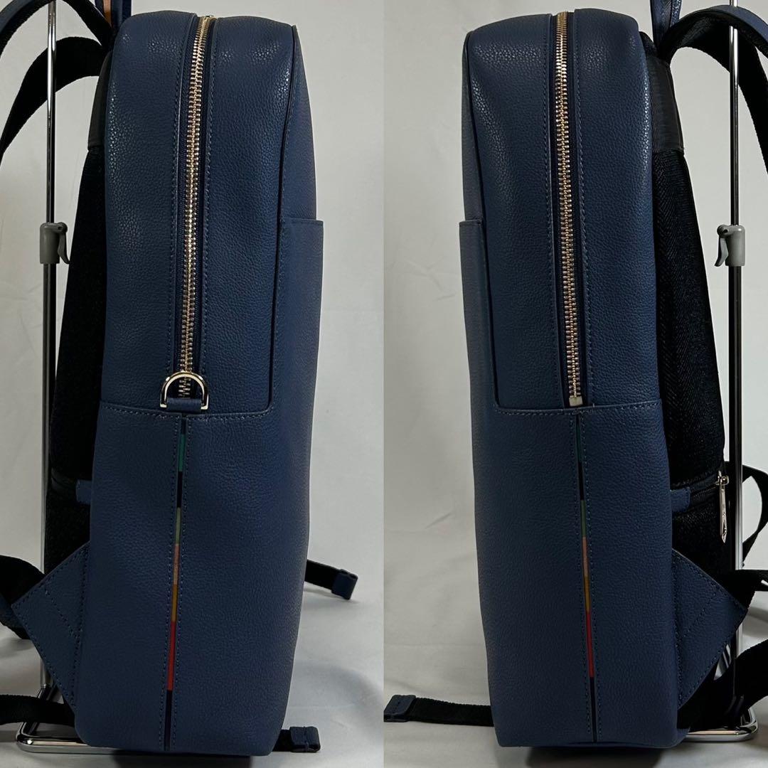 【未使用級】 ポールスミス インレイドストライプ ハンドル リュック レザー 青