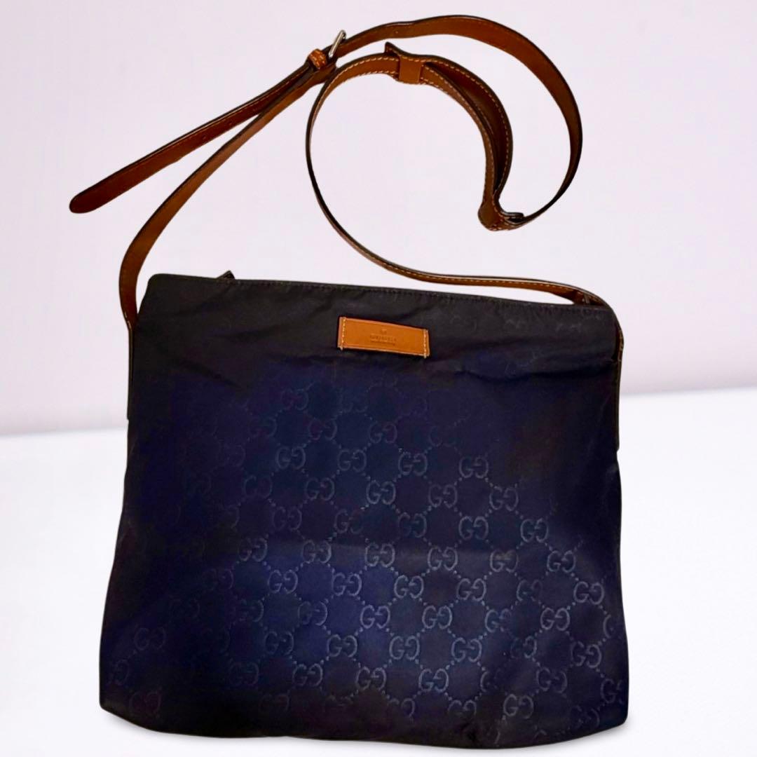 【正規品】グッチ GUCCI GG柄 ショルダーバッグ ナイロン 本革 ネイビー