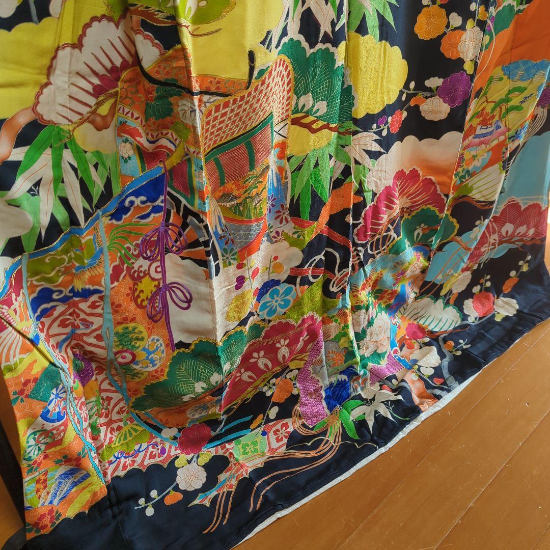 さ*）様 アンティーク　黒振袖　縮緬　５文　　比翼 共八掛　成人式　舞台