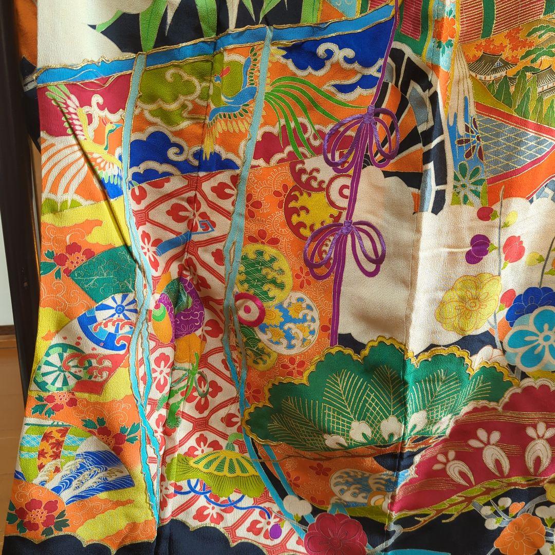 さ*）様 アンティーク　黒振袖　縮緬　５文　　比翼 共八掛　成人式　舞台