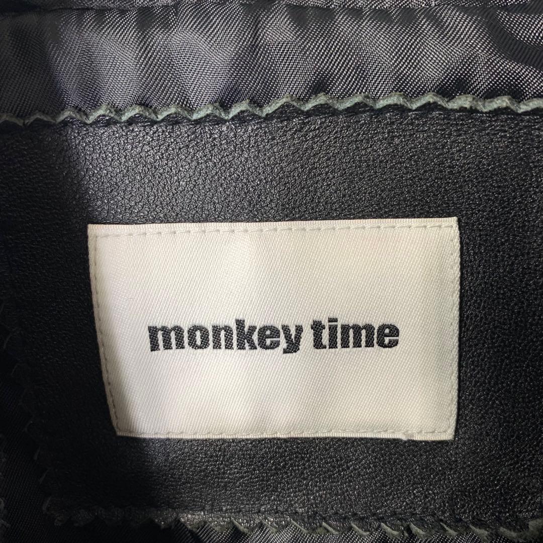 モンキータイム 袖レザースタジャン ブラック ウール スナップボタン ブルゾン