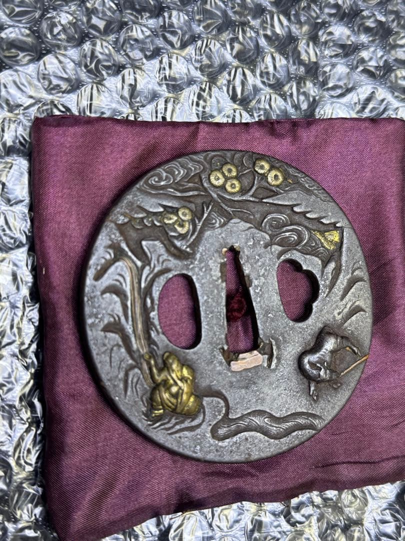 無銘　　金工金象嵌松下　牛引き　山水図鍔　透かし鐔　刀鐔　鍔