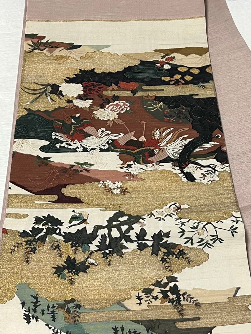 未使用 両面袋帯 長尺474cm 鶴牡丹山水小鳥文 金彩