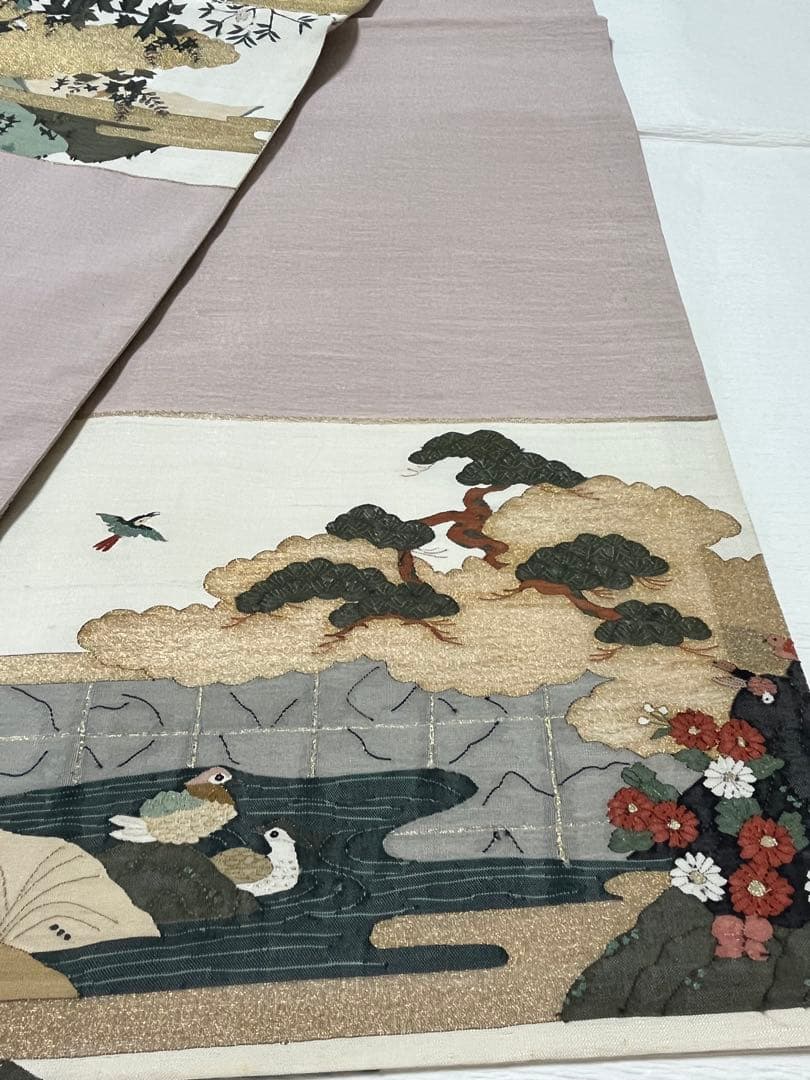 未使用 両面袋帯 長尺474cm 鶴牡丹山水小鳥文 金彩