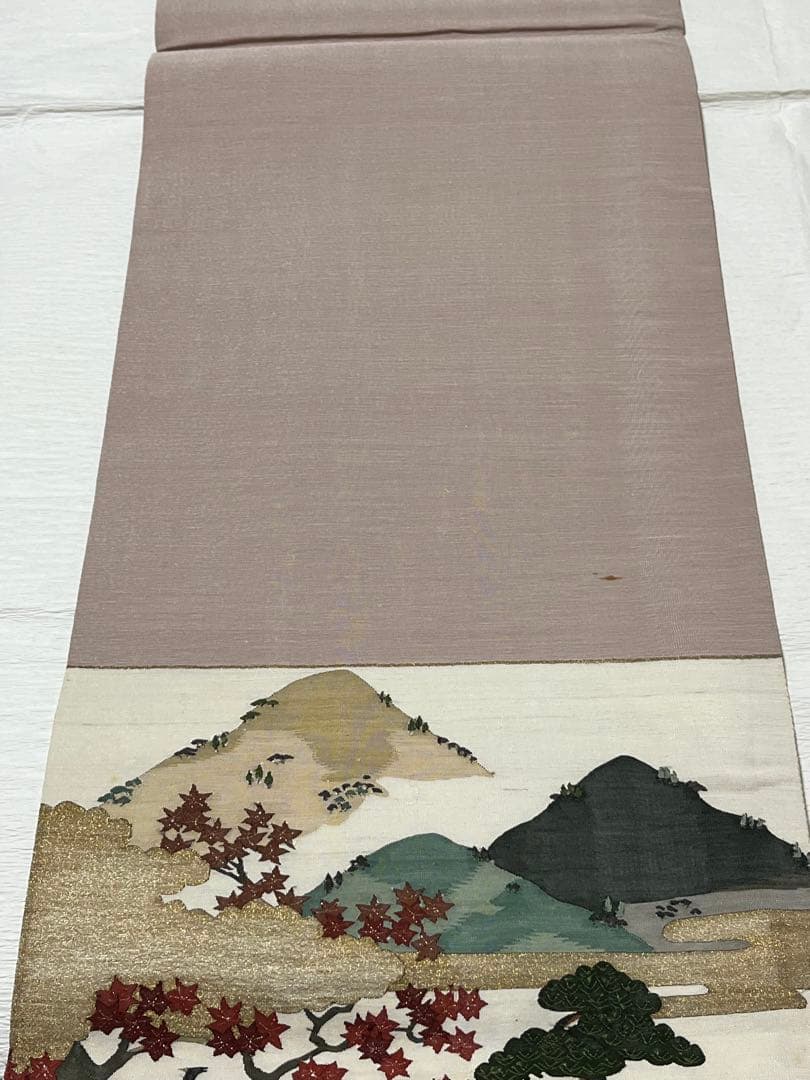 未使用 両面袋帯 長尺474cm 鶴牡丹山水小鳥文 金彩