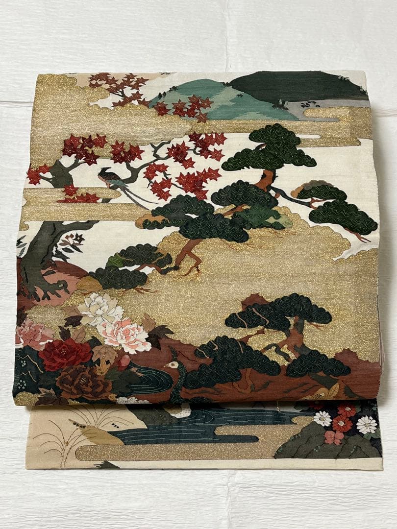未使用 両面袋帯 長尺474cm 鶴牡丹山水小鳥文 金彩