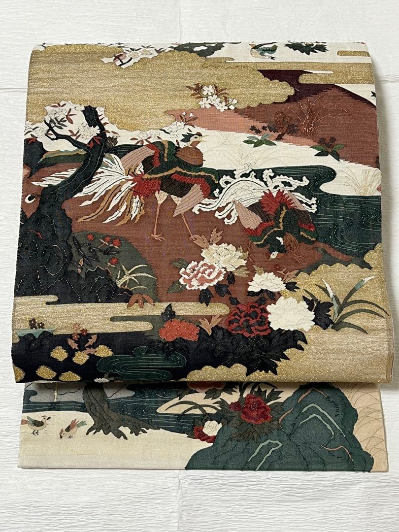 未使用 両面袋帯 長尺474cm 鶴牡丹山水小鳥文 金彩