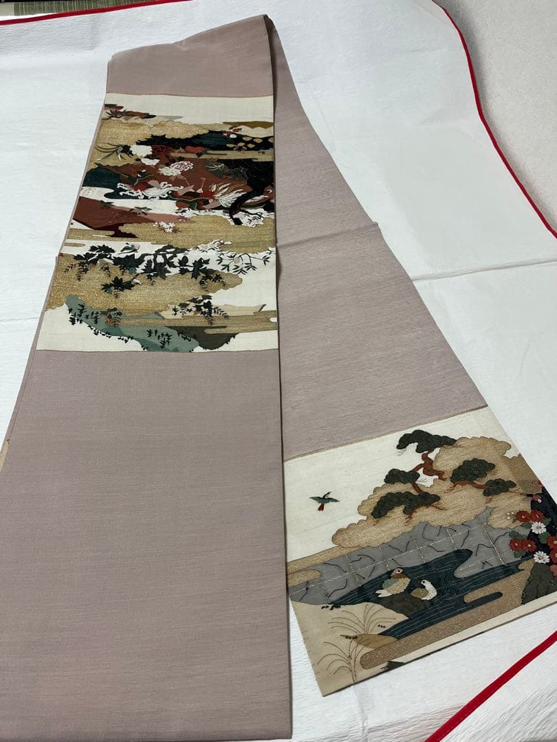 未使用 両面袋帯 長尺474cm 鶴牡丹山水小鳥文 金彩