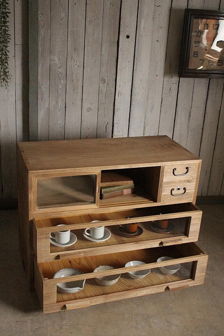 前面ガラスの引き出し2段×ガラス戸棚×木製小引き出し2段