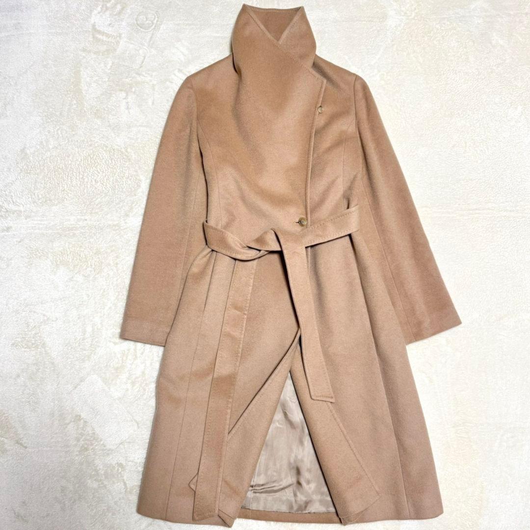 美品 ロペ カシミヤ混 ビッグカラー ロングコート ベルト キャメル 40
