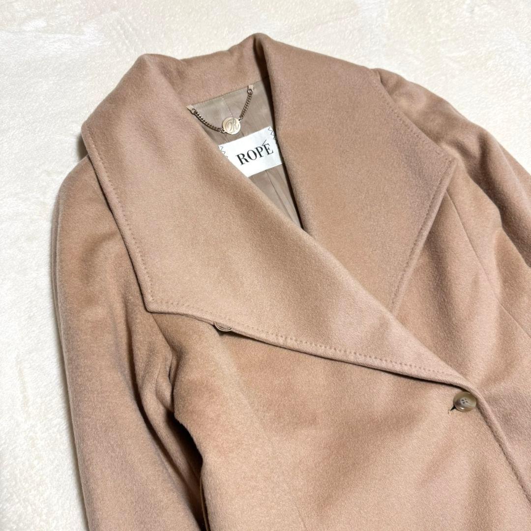 美品 ロペ カシミヤ混 ビッグカラー ロングコート ベルト キャメル 40