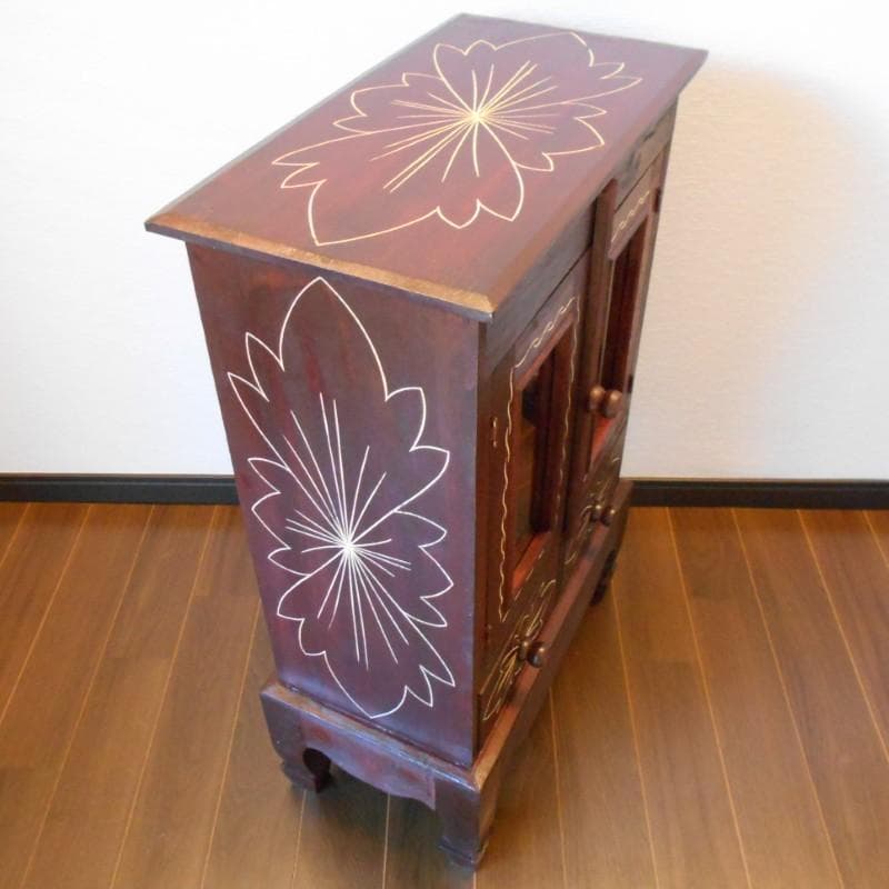 花柄模様 猫足 キャビネット アジアン家具 バリ家具 収納家具 完成品家具