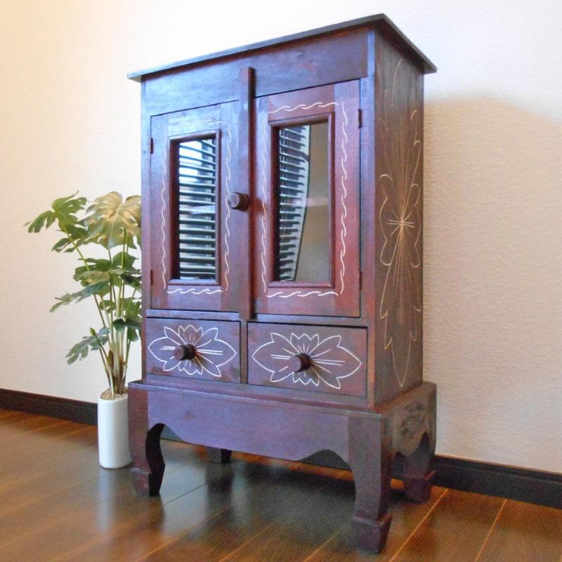 花柄模様 猫足 キャビネット アジアン家具 バリ家具 収納家具 完成品家具