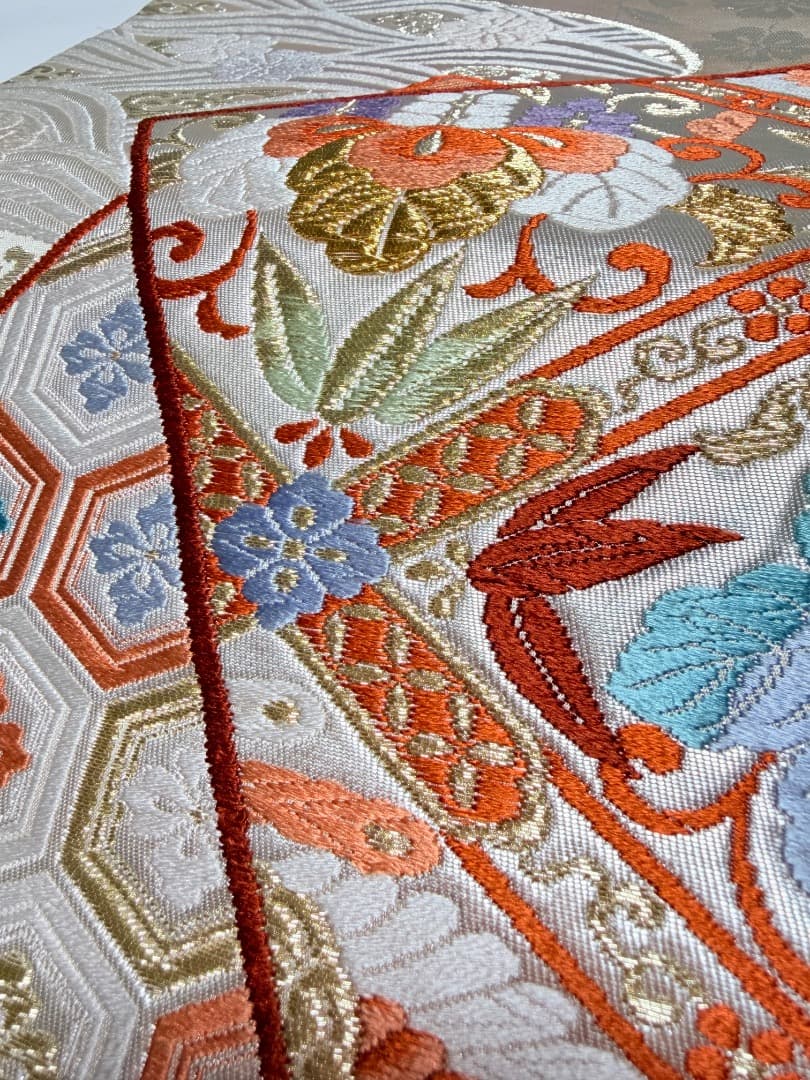 高級 袋帯 正絹 六通柄 香織袋帯 シルバー ホワイト 唐織 かるた遊び 訪問着