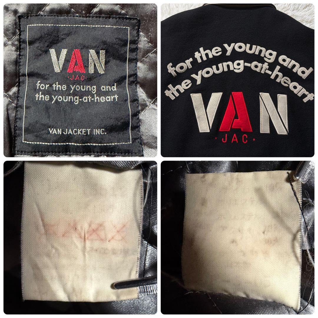 希少■VAN JACKET スタジャン　袖レザー　アーチロゴ　ネイビー　M