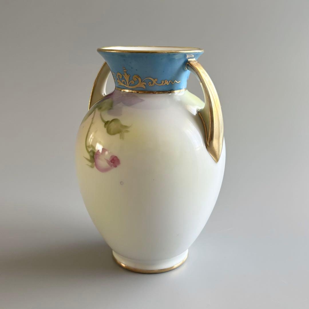 アンティーク　オールドノリタケ　総手描き　薔薇文　金彩ハンドル　花瓶　【稀少品】