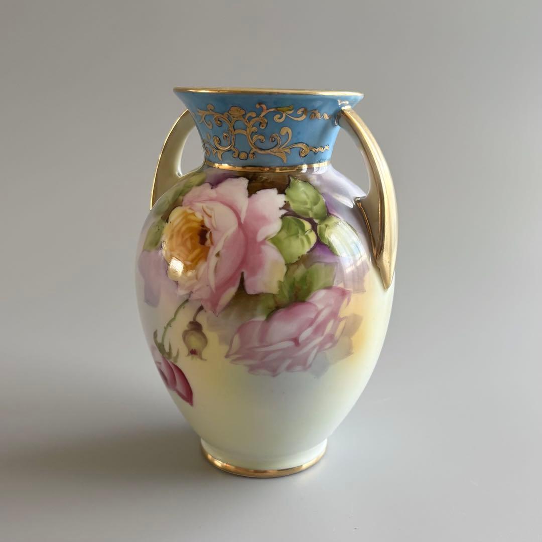 アンティーク　オールドノリタケ　総手描き　薔薇文　金彩ハンドル　花瓶　【稀少品】