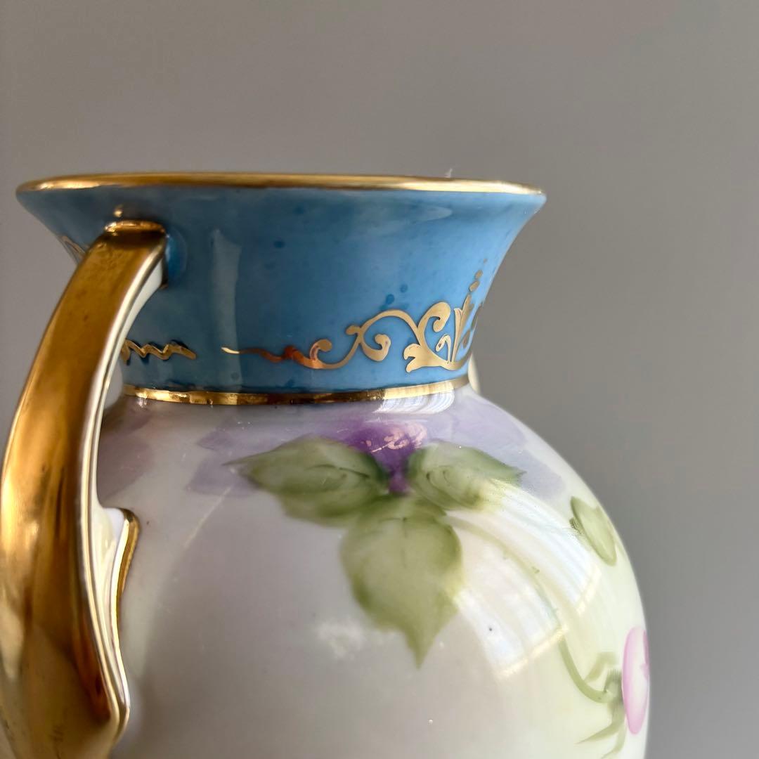 アンティーク　オールドノリタケ　総手描き　薔薇文　金彩ハンドル　花瓶　【稀少品】