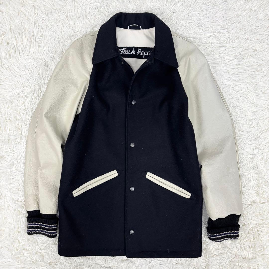 フラッシュリポート 袖革レザー ロング スタジャン ブラック 黒 L