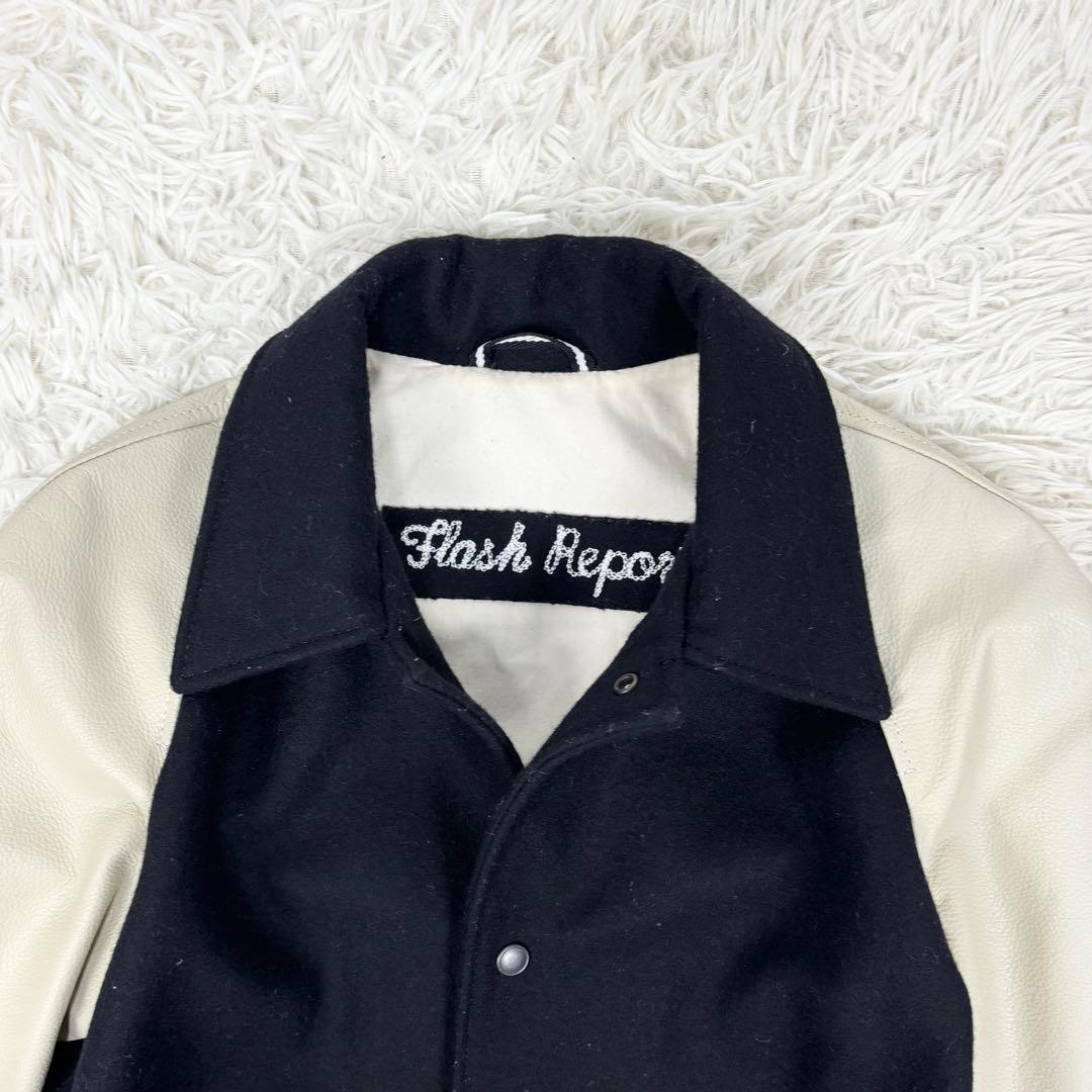 フラッシュリポート 袖革レザー ロング スタジャン ブラック 黒 L