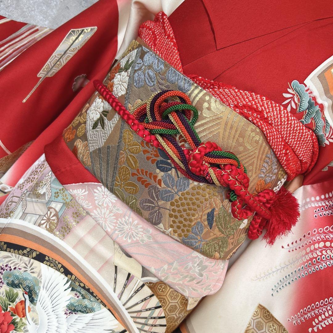 特価　振袖　フルセット　正絹　赤　古典柄　成人式