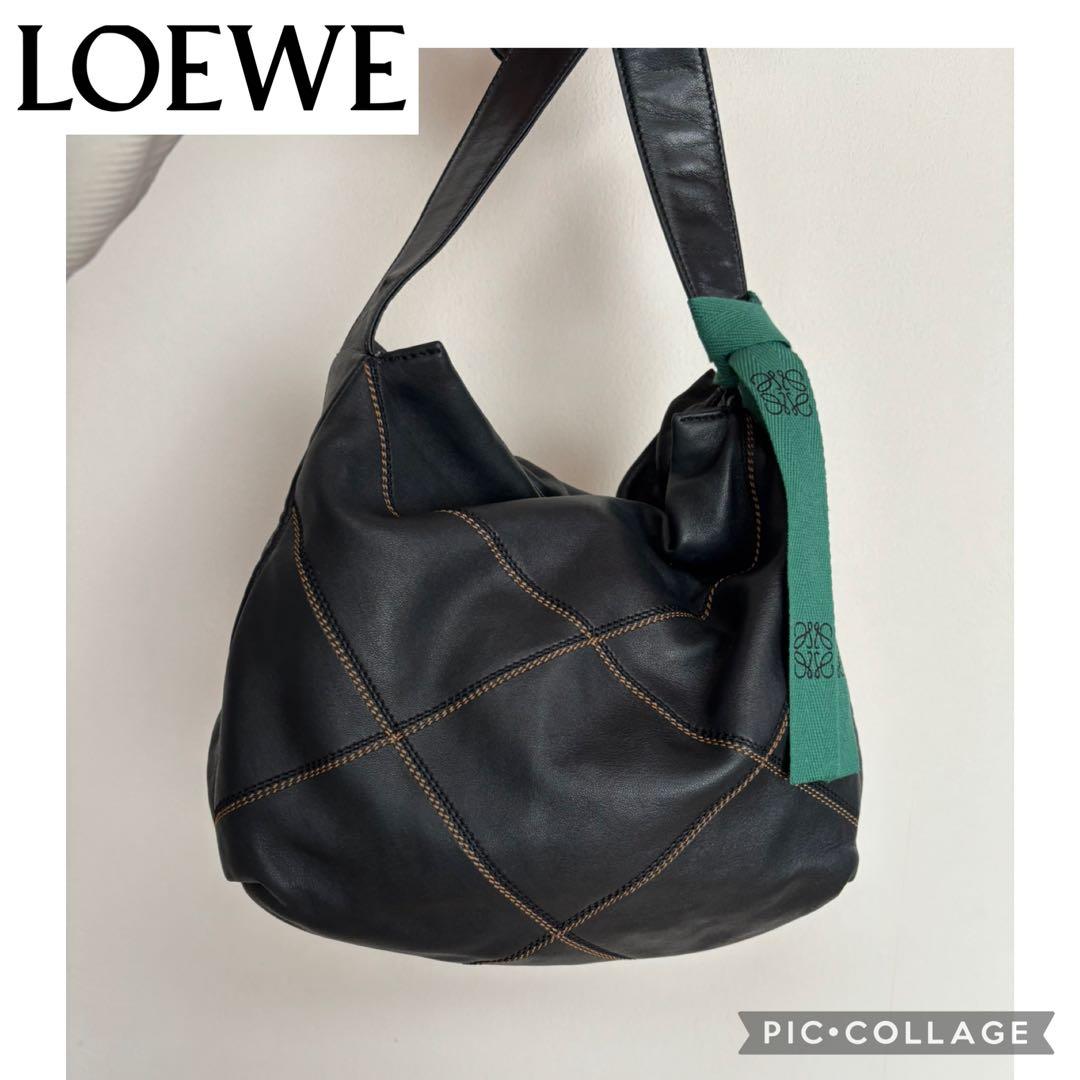 LOEWE クロスデザイン ステッチ ショルダーバッグ ハンドバッグ トート 黒