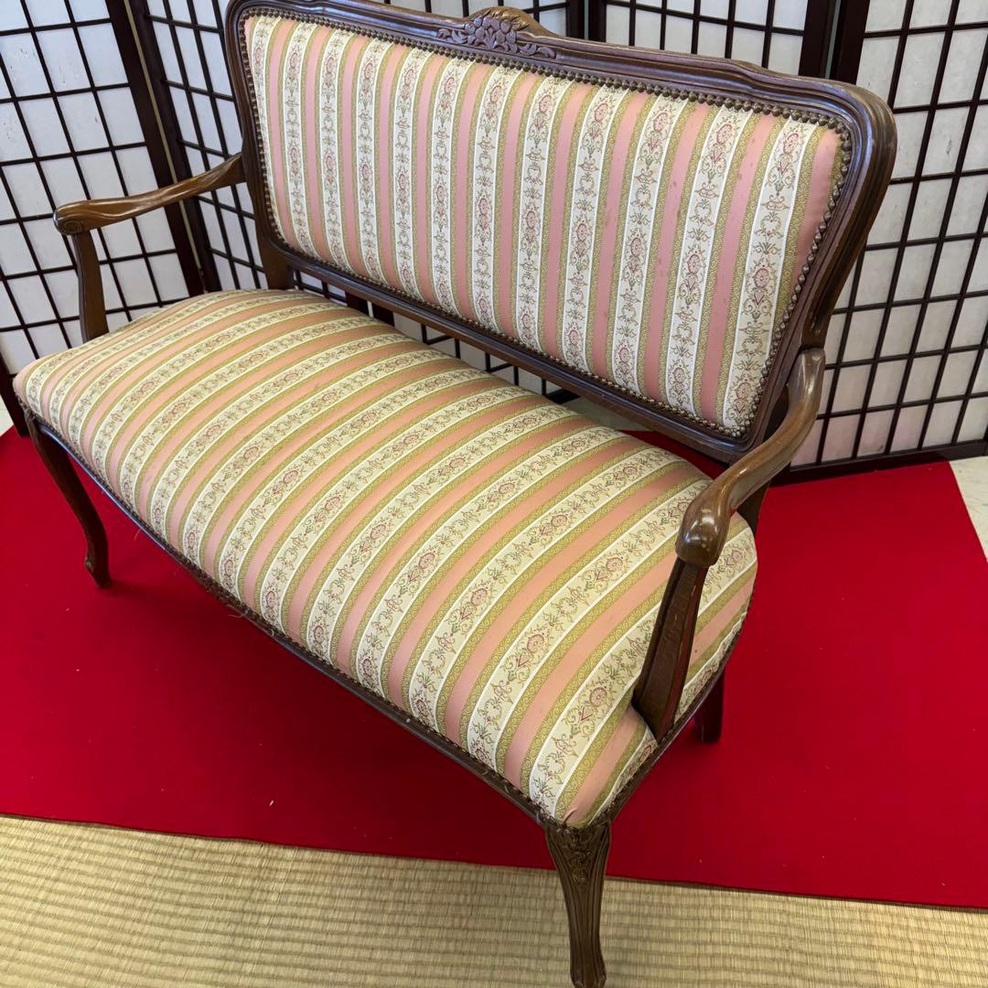 院*長様 アンティーク　二人掛け　猫脚　アームチェア　クラシック ストライプ イ