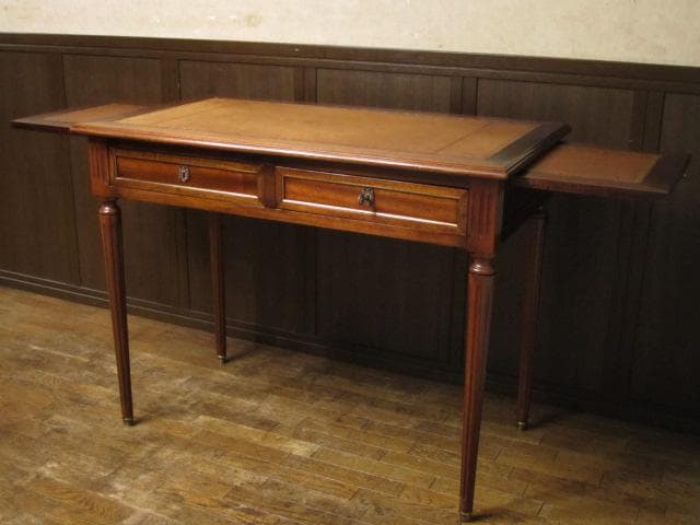 フランス アンティーク ルイ16世様式 マホガニー レザートップ デスク 鍵付き