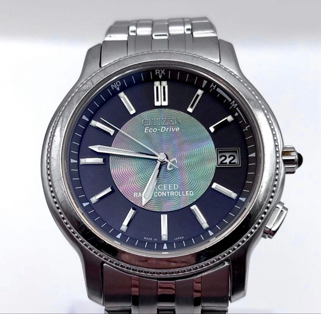 美品 CITIZEN エクシード チタン 電波ソーラー シェル文字盤 メンズ