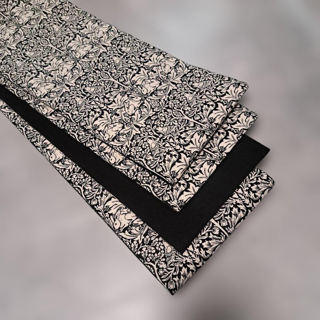 半幅帯　長尺　ウィリアムモリス　兄弟うさぎ　ブラックベース×国産コットンリネン