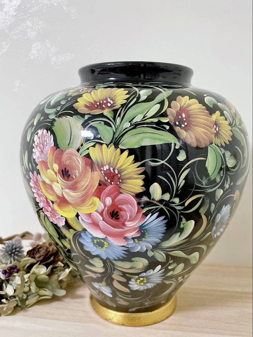 アンティーク　イタリア　フラワーベース　手描き　花模様　ピゴラロ