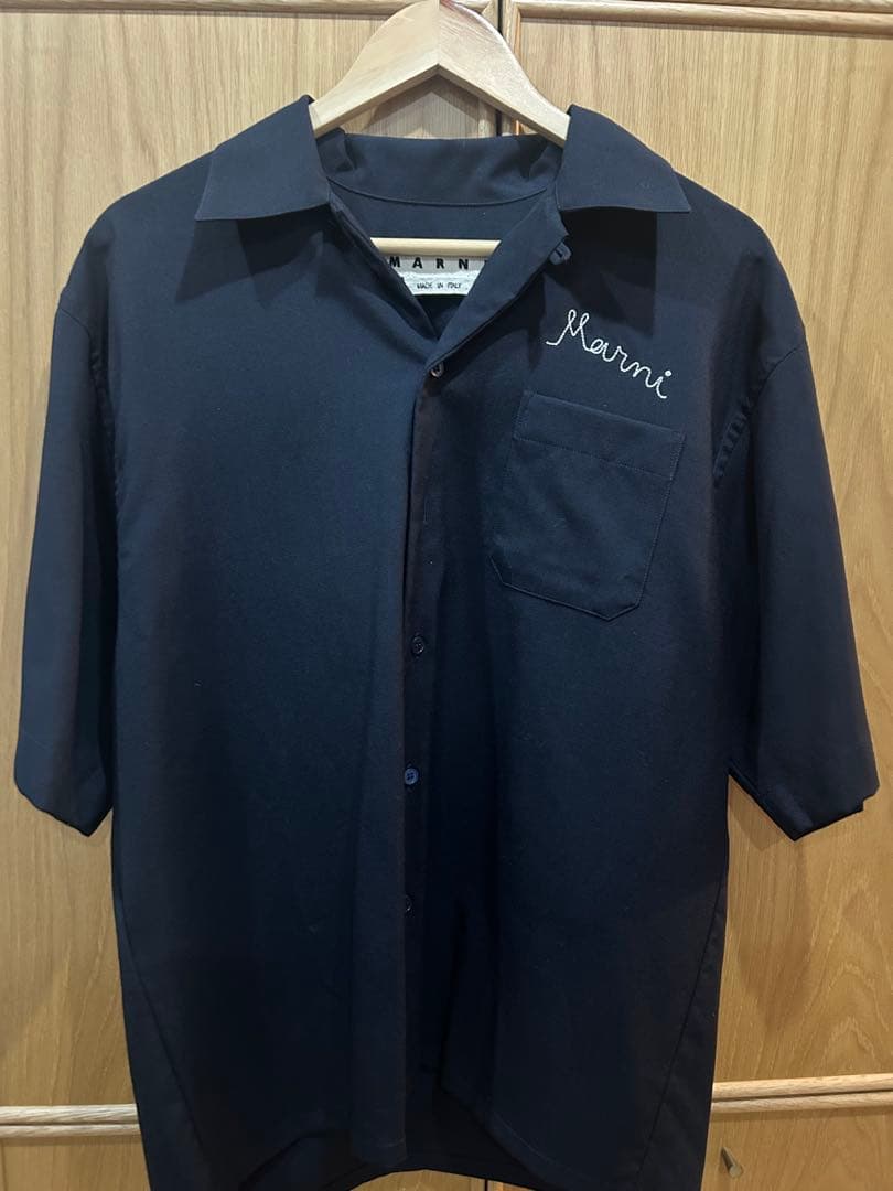 MARNIネイビー 半袖ボウリングシャツ