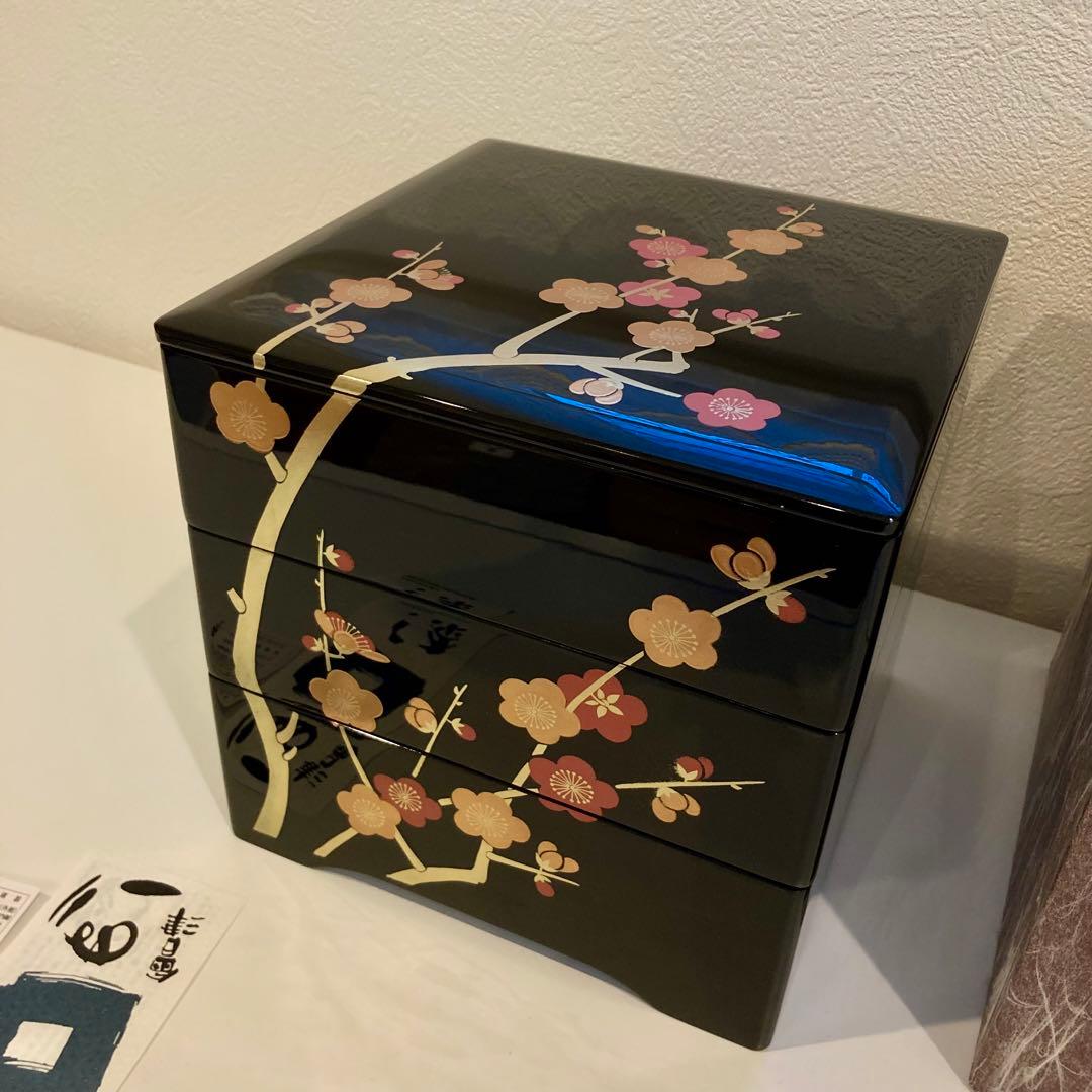 漆　重箱　会津塗　梅　黒