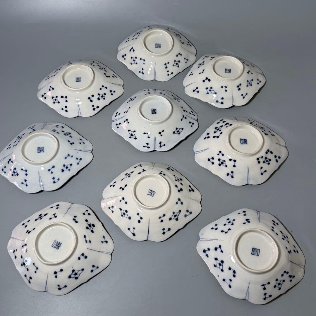 明治時代　アンティーク食器　染付花草文様　変形皿　9枚　古器を楽しむ