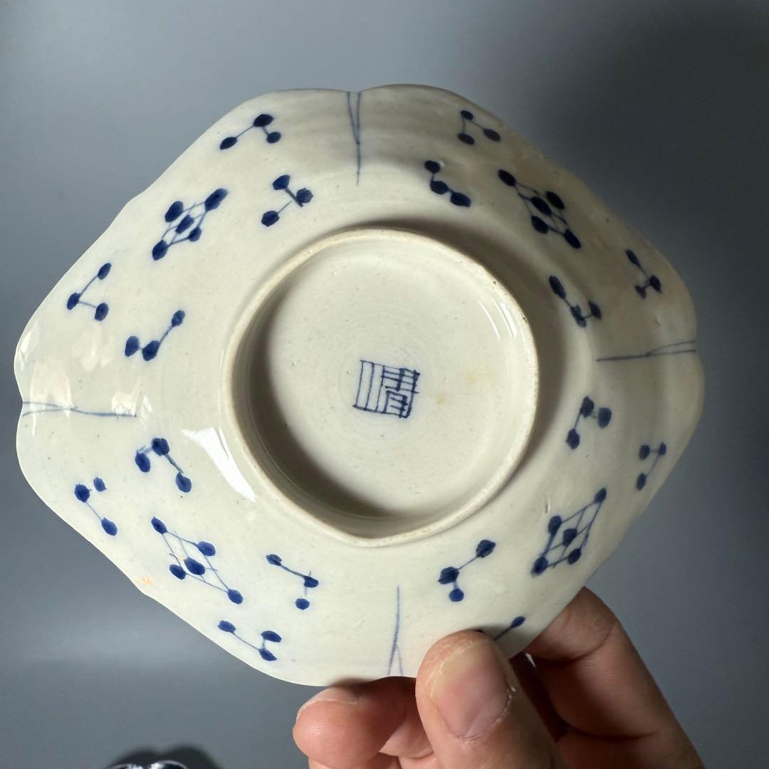 明治時代　アンティーク食器　染付花草文様　変形皿　9枚　古器を楽しむ