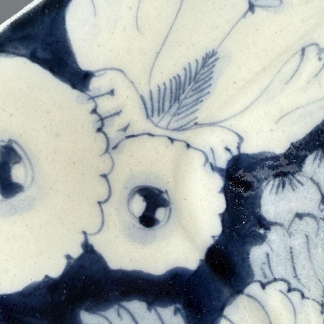 明治時代　アンティーク食器　染付花草文様　変形皿　9枚　古器を楽しむ