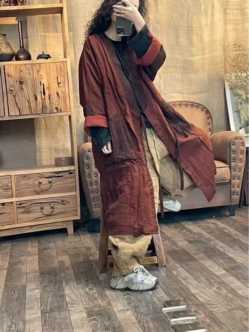 けいちゃんレディース麻リネンコート羽織り物ロング丈