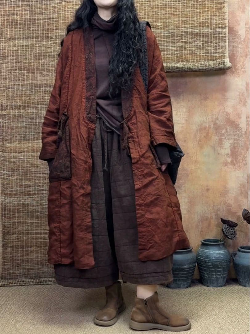 けいちゃんレディース麻リネンコート羽織り物ロング丈