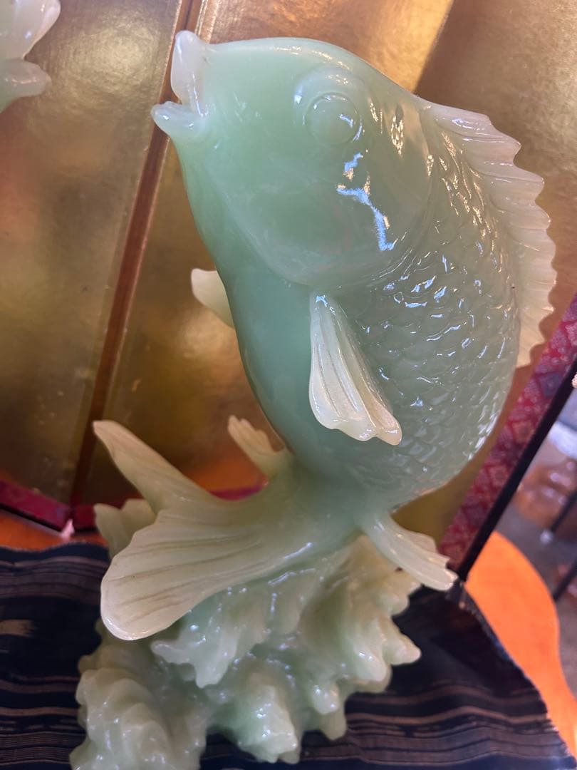 中国美術　古玩　翡翠鯉彫刻 2体セット 縁起物　店じまいSALE好評中